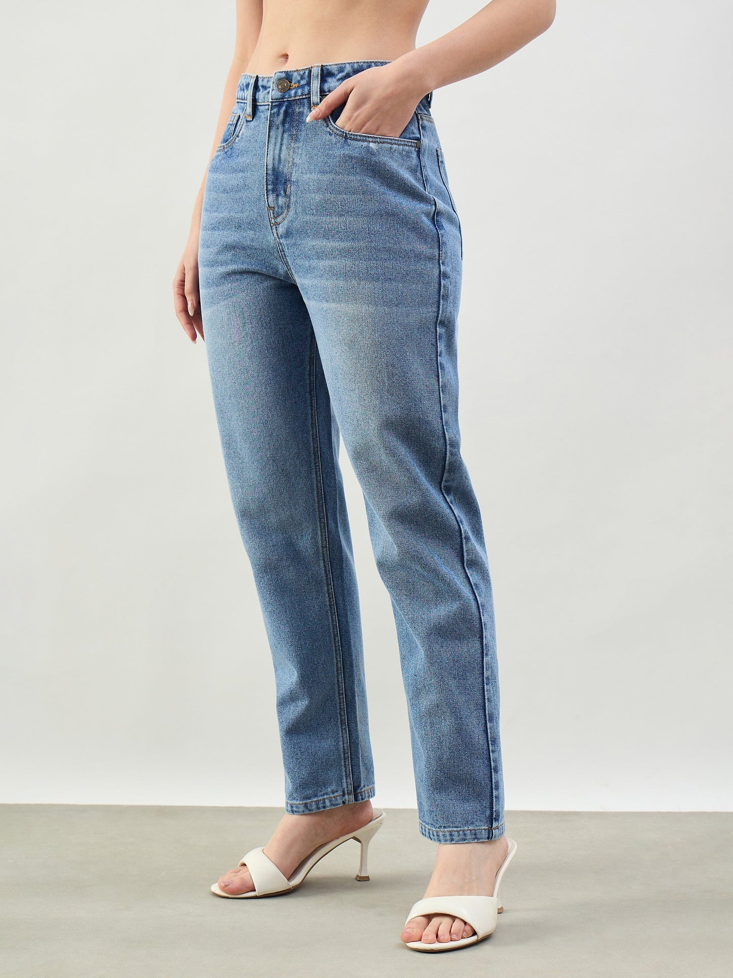 Blue Wash Barrel Fit High Rise Jeans