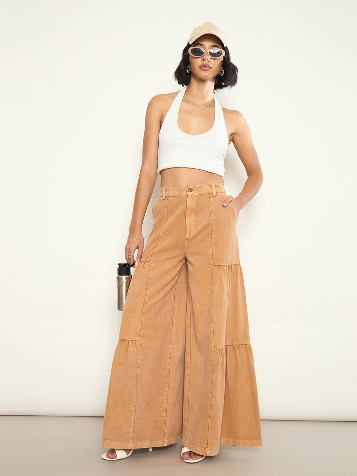 Women Beige Overdyed Front Gathered Flared Jeans