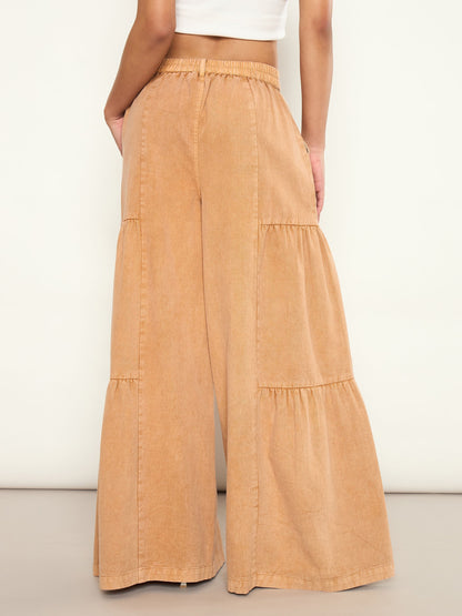 Women Beige Overdyed Front Gathered Flared Jeans
