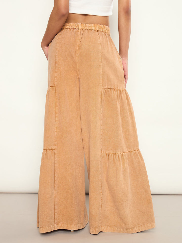 Women Beige Overdyed Front Gathered Flared Jeans