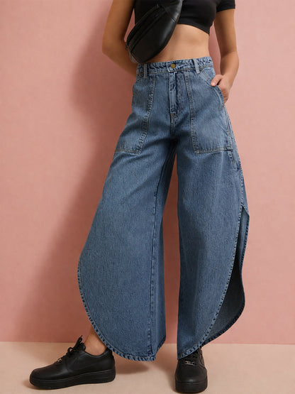 Blue Blast Washed Curve Detail Barrel Jeans