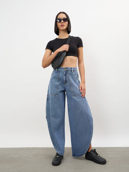 Blue Blast Washed Curve Detail Barrel Jeans