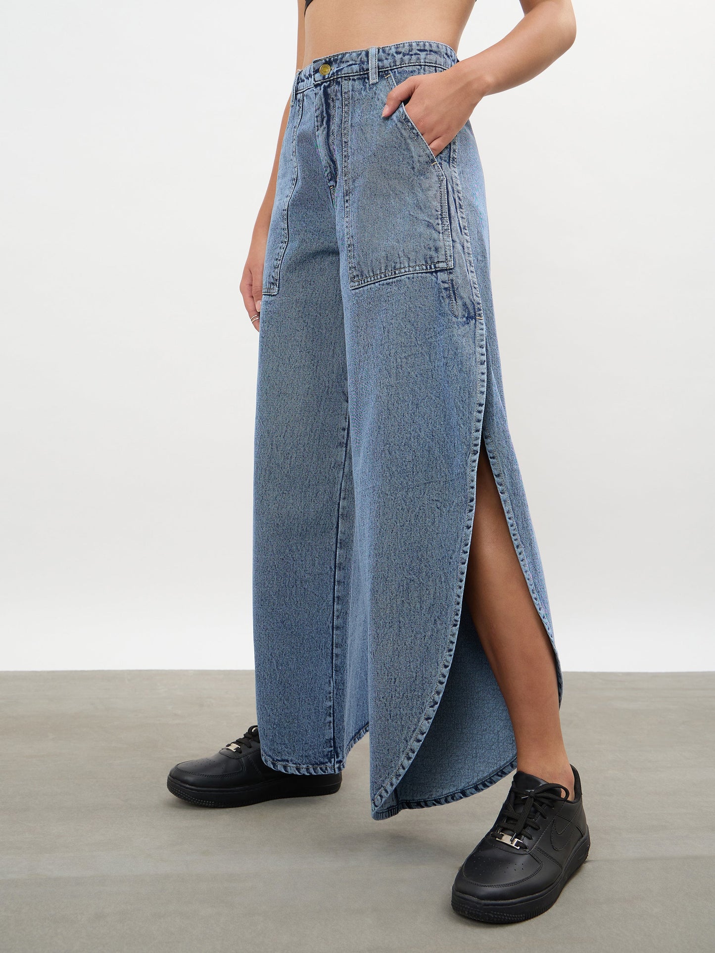 Blue Blast Washed Curve Detail Barrel Jeans
