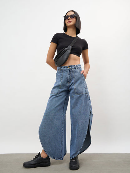 Blue Blast Washed Curve Detail Barrel Jeans