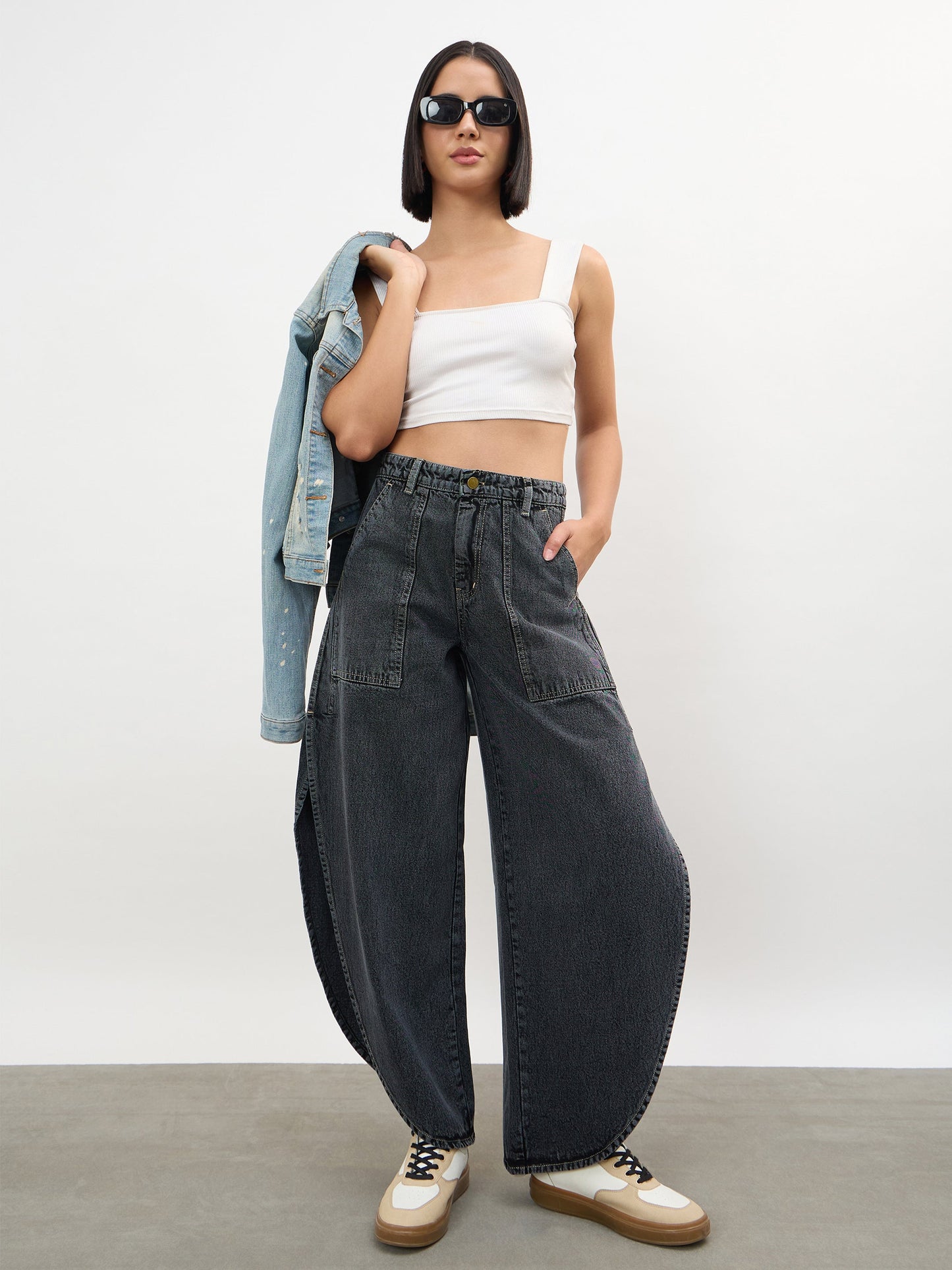 Black Washed Curve Detail Barrel Jeans