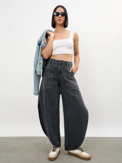 Black Washed Curve Detail Barrel Jeans