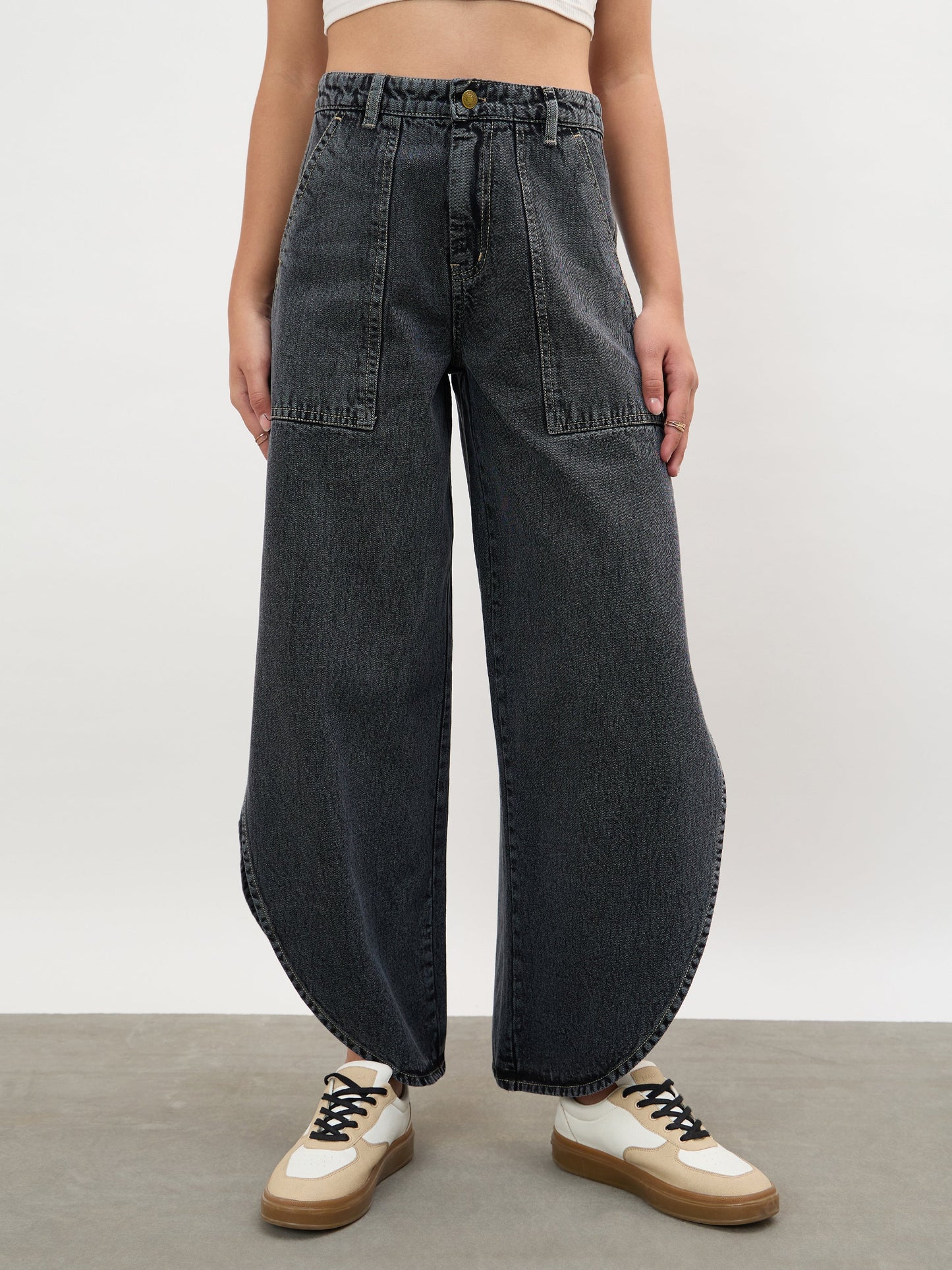 Black Washed Curve Detail Barrel Jeans