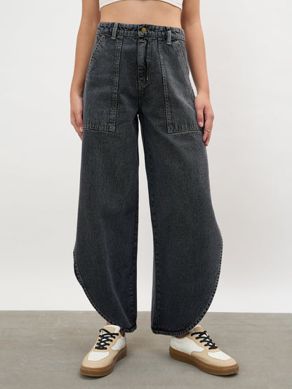 Black Washed Curve Detail Barrel Jeans