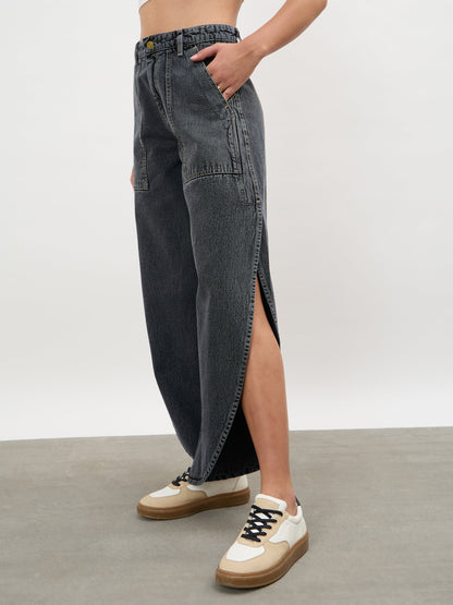 Black Washed Curve Detail Barrel Jeans