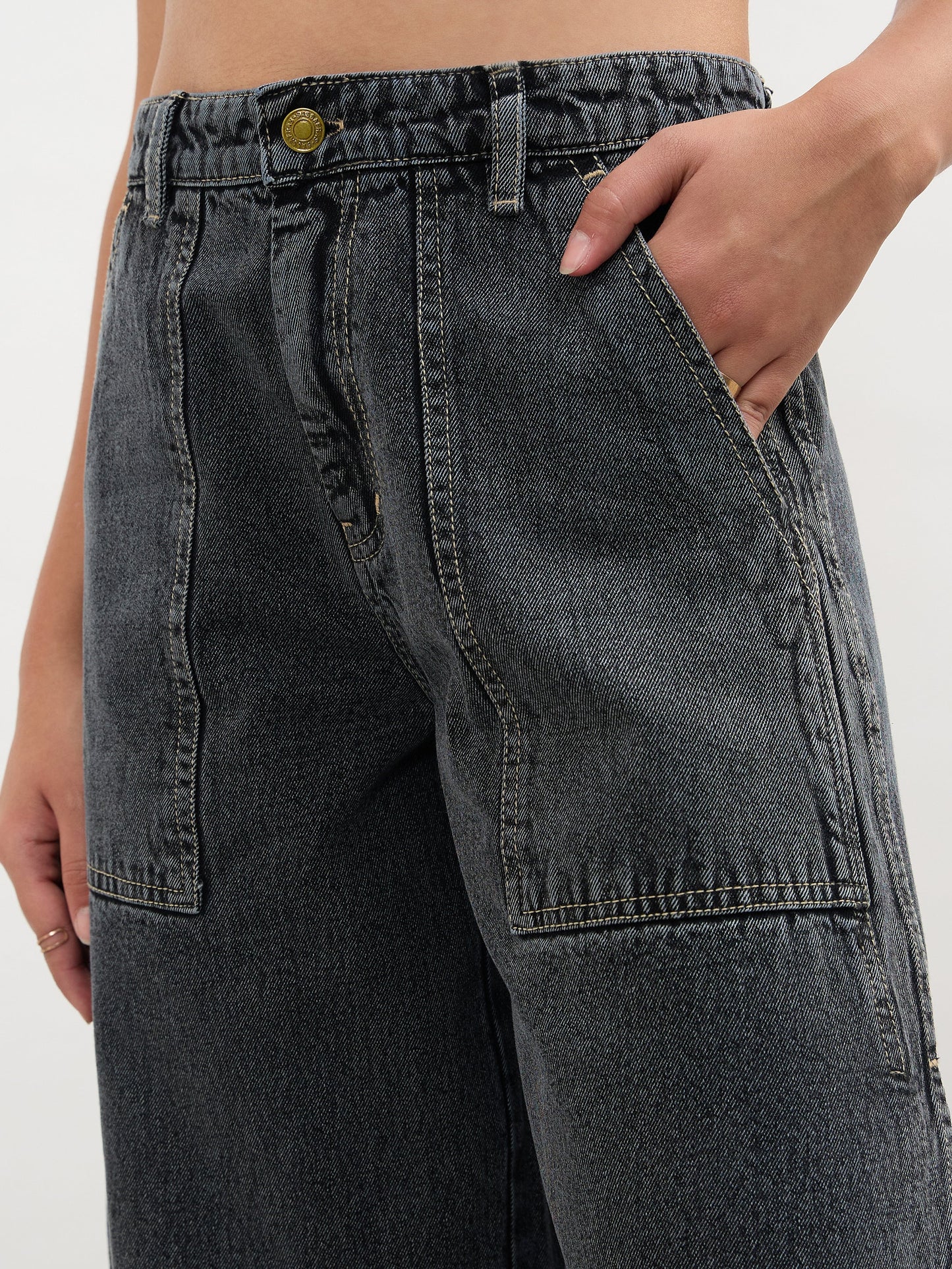 Black Washed Curve Detail Barrel Jeans