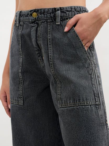 Black Washed Curve Detail Barrel Jeans