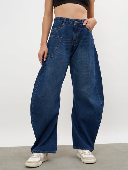 Navy Whisker Wash Side Seam Balloon Jeans