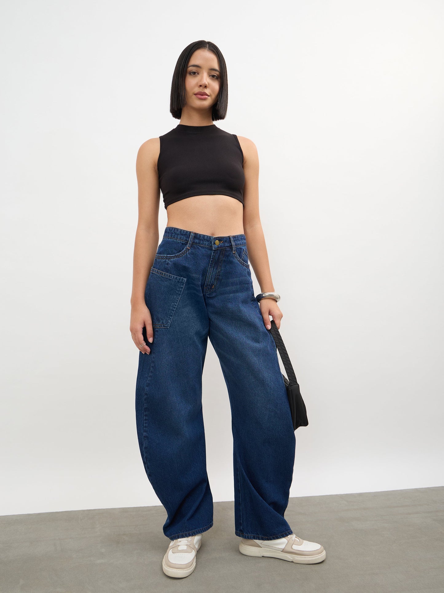 Navy Whisker Wash Side Seam Balloon Jeans
