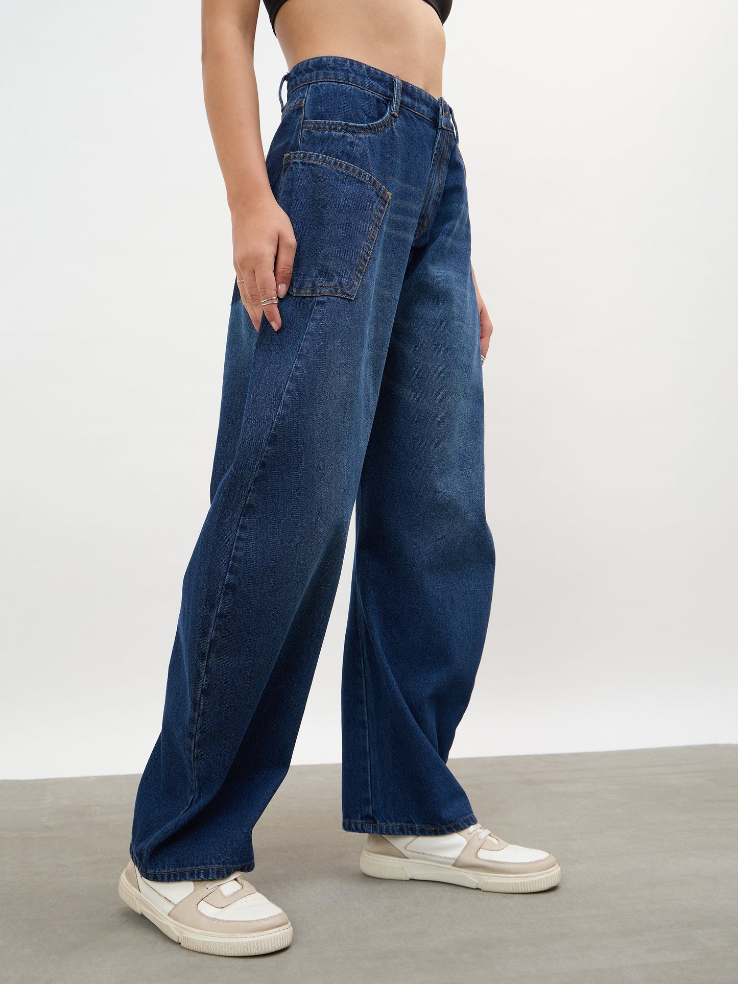 Navy Whisker Wash Side Seam Balloon Jeans