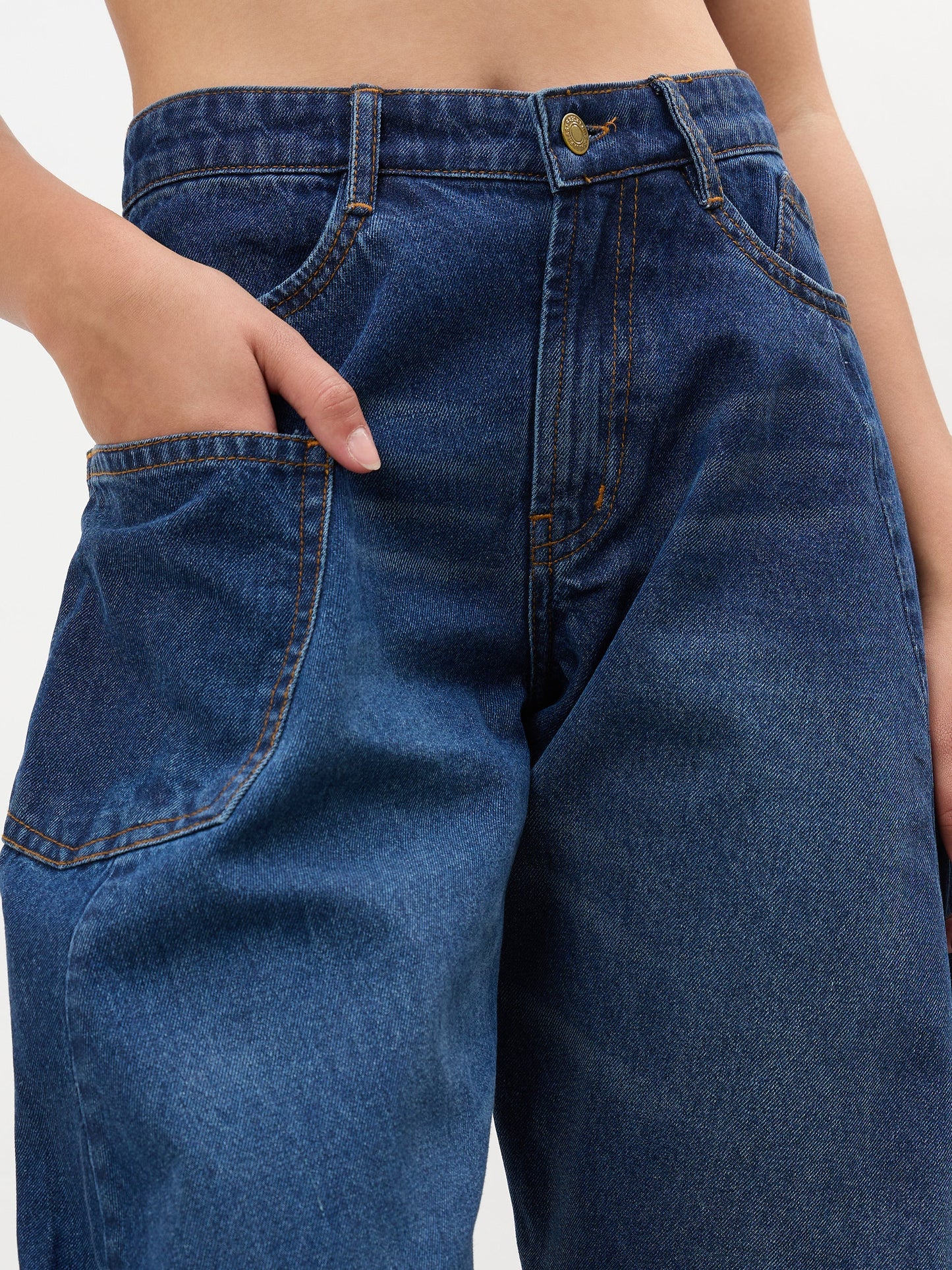 Navy Whisker Wash Side Seam Balloon Jeans