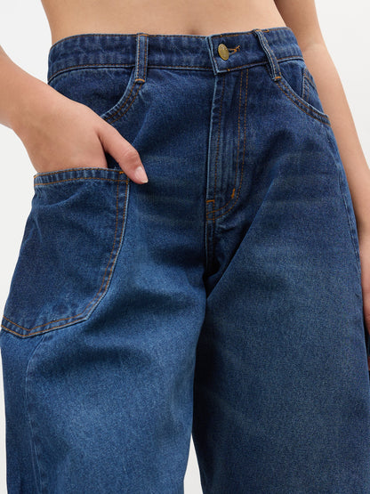 Navy Whisker Wash Side Seam Balloon Jeans