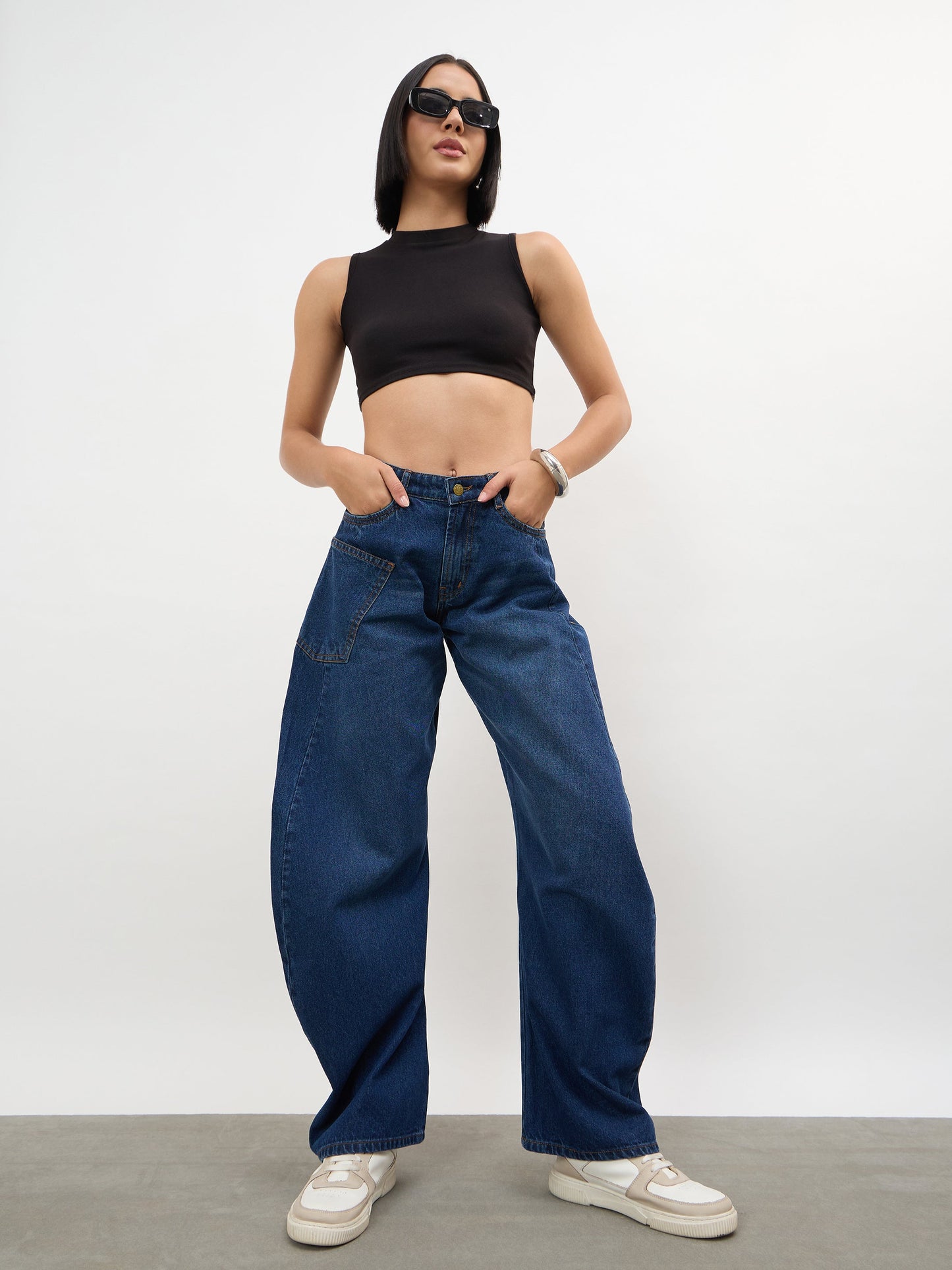 Navy Whisker Wash Side Seam Balloon Jeans