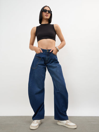 Navy Whisker Wash Side Seam Balloon Jeans