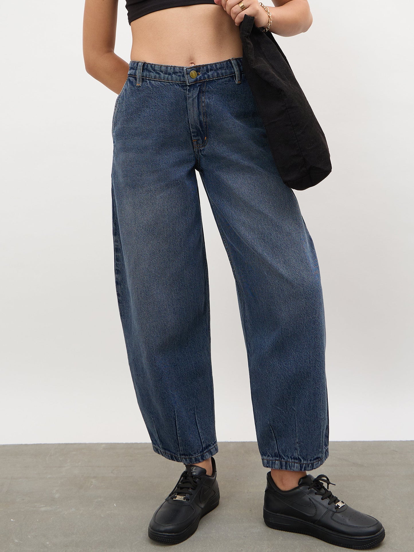 Navy Acid Wash Mid Rise Slouchy Fit Jeans
