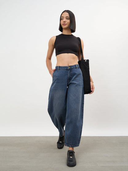 Navy Acid Wash Mid Rise Slouchy Fit Jeans