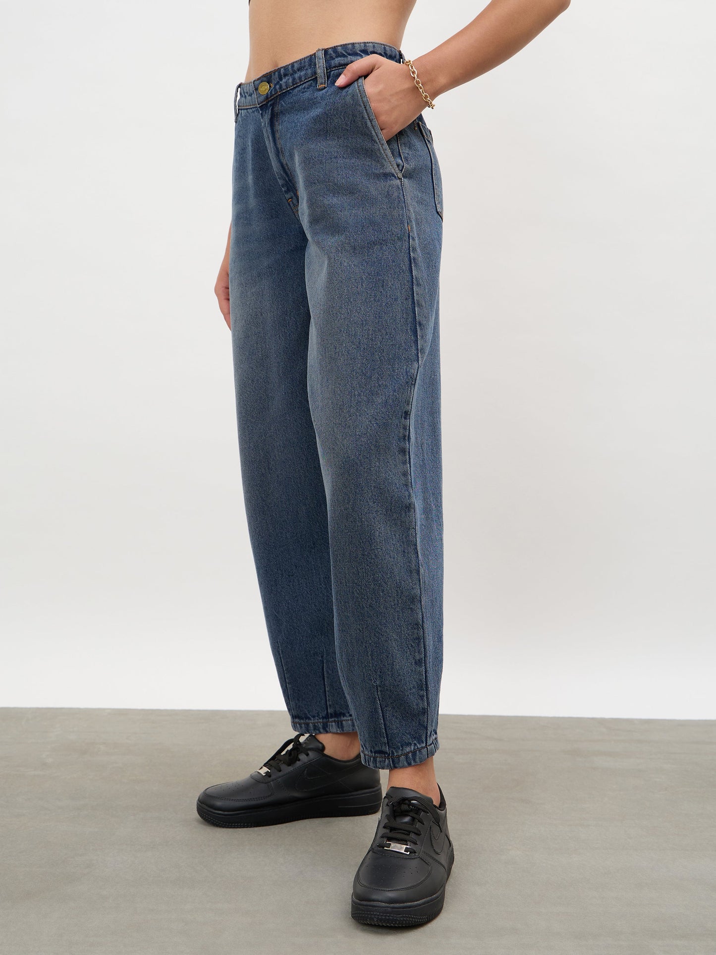 Navy Acid Wash Mid Rise Slouchy Fit Jeans