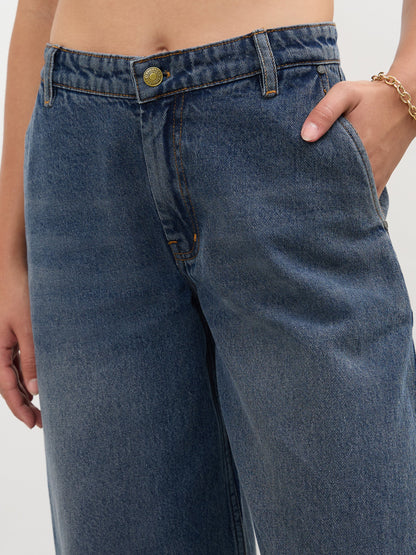 Navy Acid Wash Mid Rise Slouchy Fit Jeans