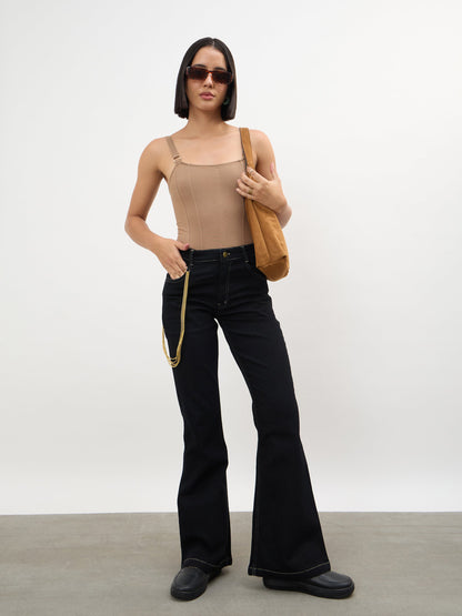 Black Whisker Washed Boot Cut Jeans