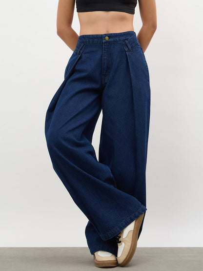 Navy Overlap Pleated Mid Rise Jeans