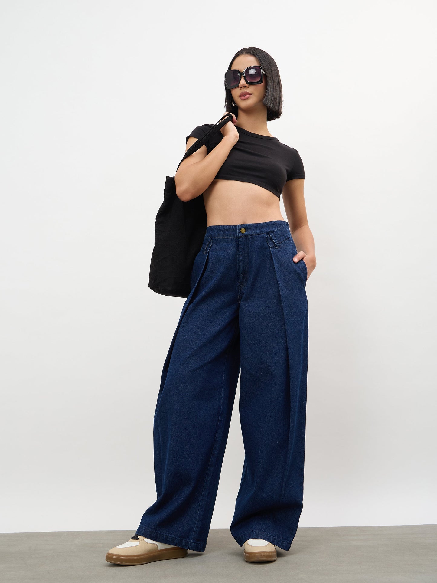 Navy Overlap Pleated Mid Rise Jeans