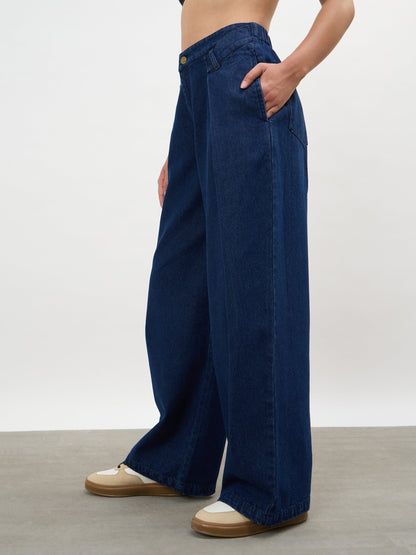 Navy Overlap Pleated Mid Rise Jeans