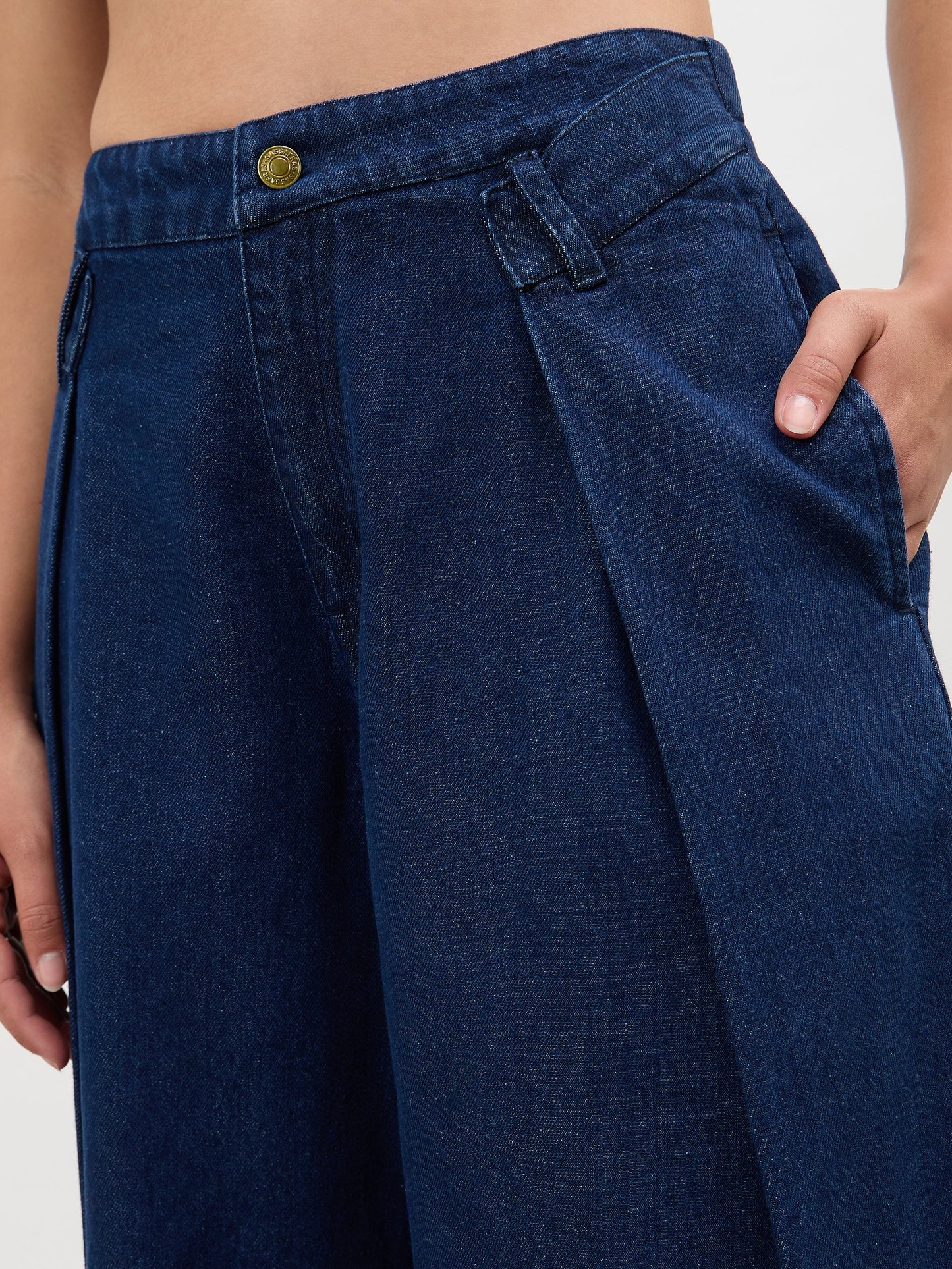 Navy Overlap Pleated Mid Rise Jeans