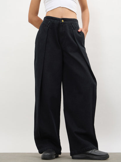 Jet Black Overlap Pleated Mid Rise Jeans