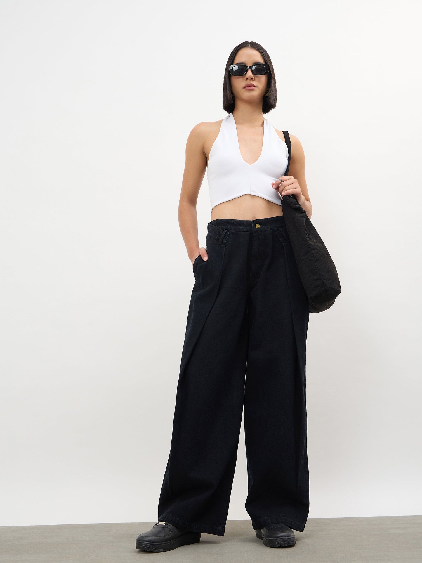 Jet Black Overlap Pleated Mid Rise Jeans