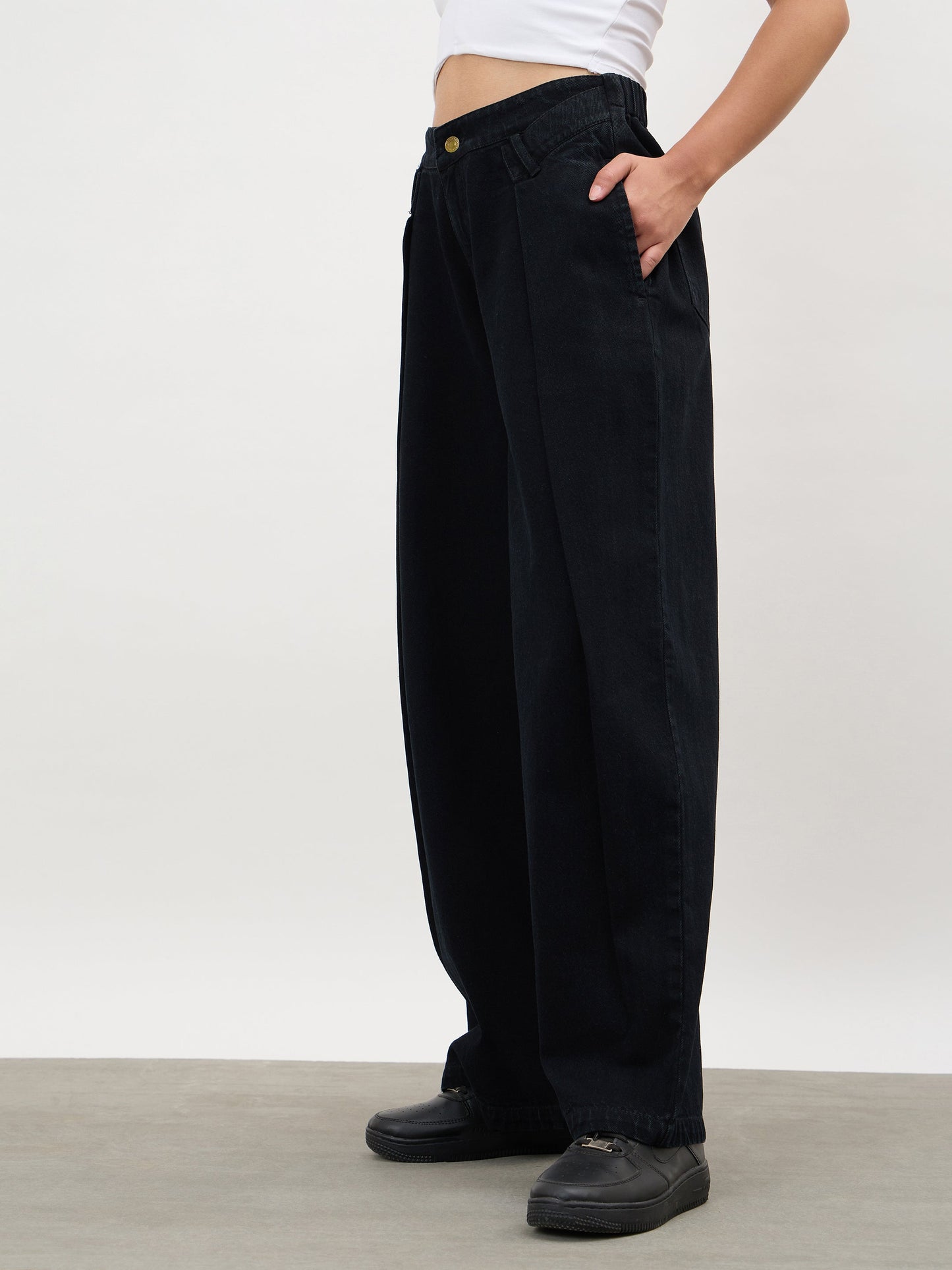 Jet Black Overlap Pleated Mid Rise Jeans