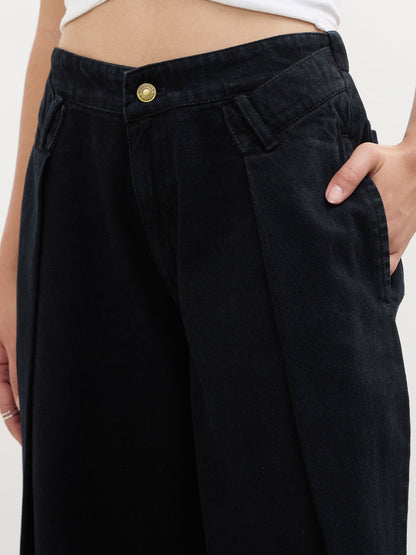 Jet Black Overlap Pleated Mid Rise Jeans