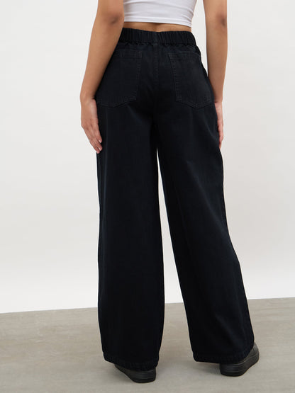 Jet Black Overlap Pleated Mid Rise Jeans