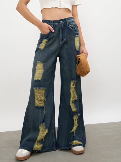 Navy Acid Wash Denim Flared Distressed Jeans