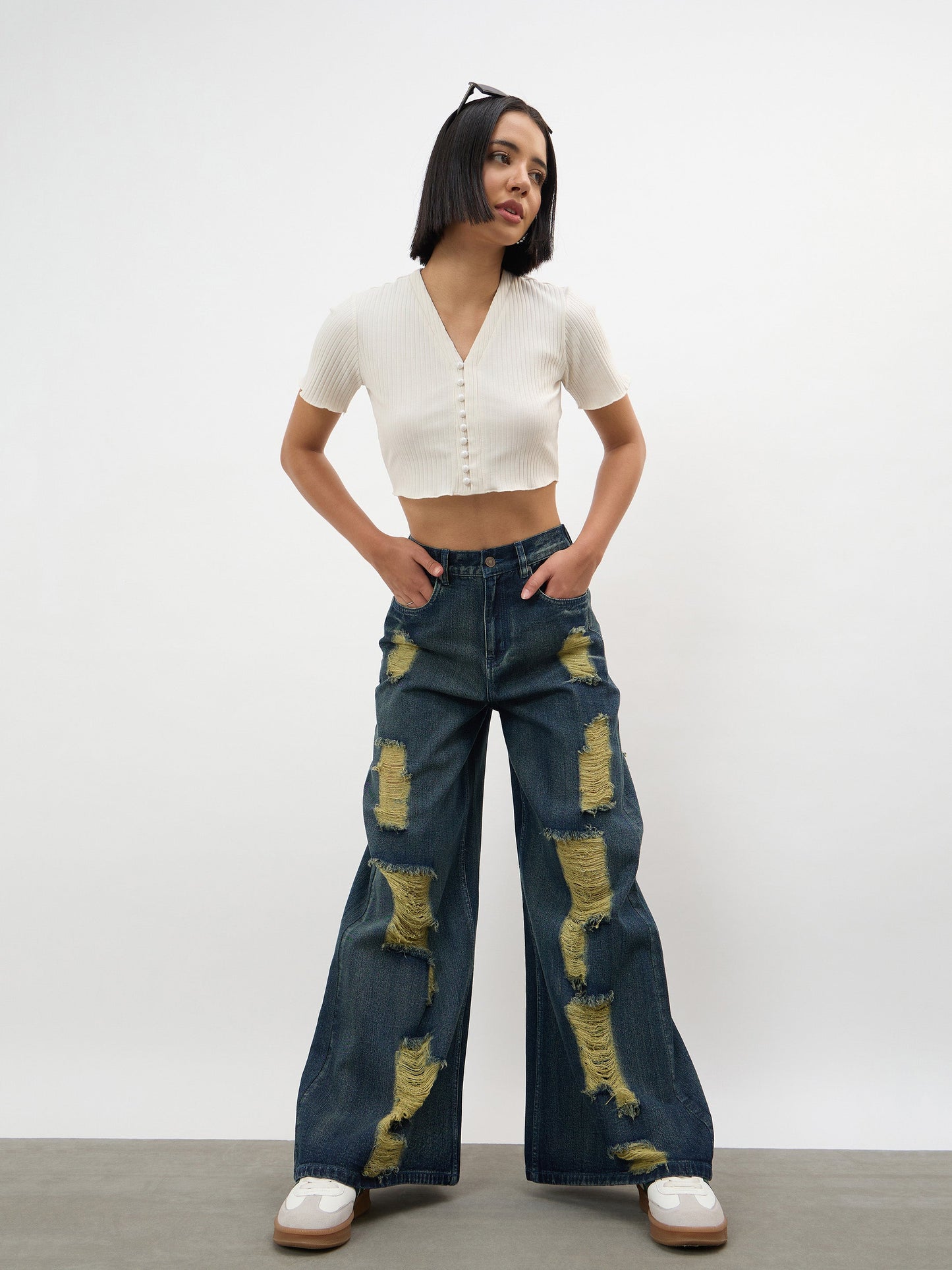 Navy Acid Wash Denim Flared Distressed Jeans