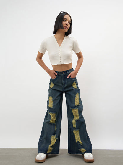 Navy Acid Wash Denim Flared Distressed Jeans