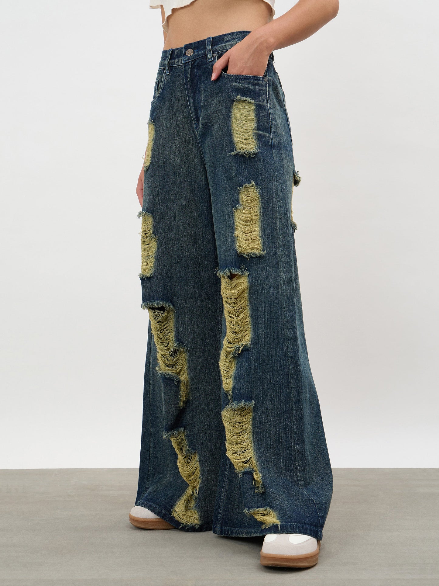 Navy Acid Wash Denim Flared Distressed Jeans