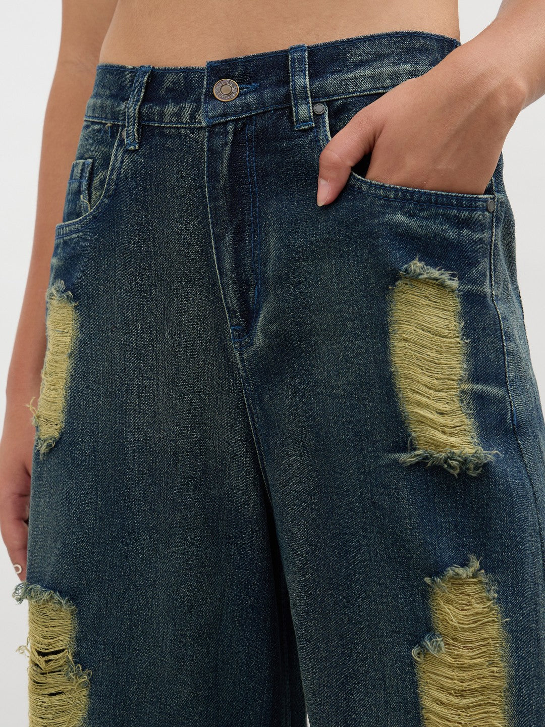Navy Acid Wash Denim Flared Distressed Jeans