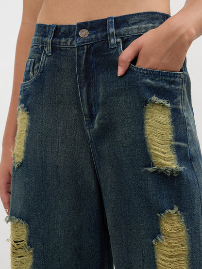 Navy Acid Wash Denim Flared Distressed Jeans
