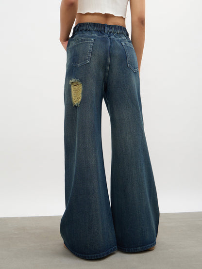 Navy Acid Wash Denim Flared Distressed Jeans
