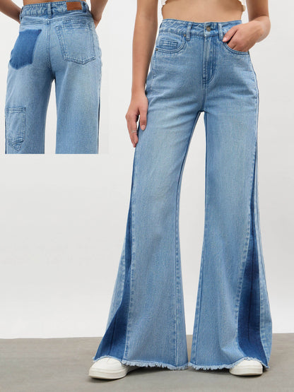 Blue Blast Side Colour Blocking Flared Jeans