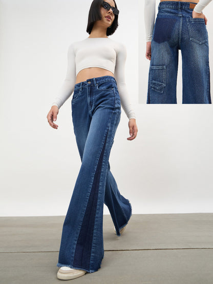 Navy Side Colour Blocking Flared Jeans