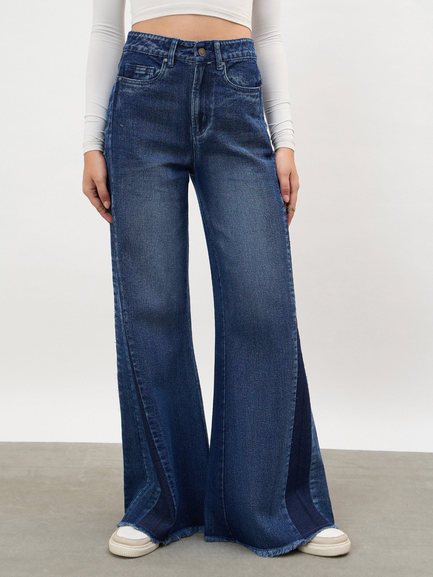Navy Side Colour Blocking Flared Jeans