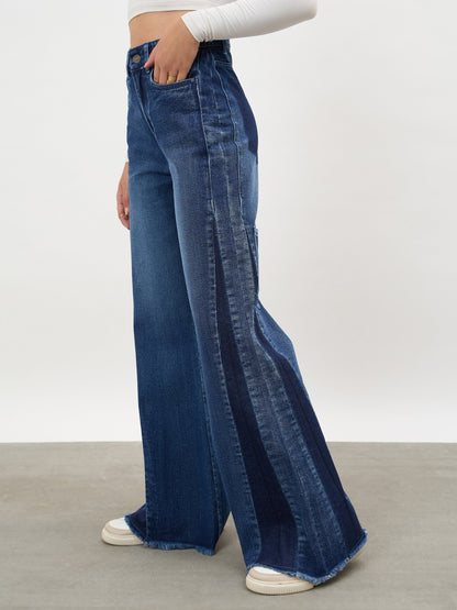Navy Side Colour Blocking Flared Jeans