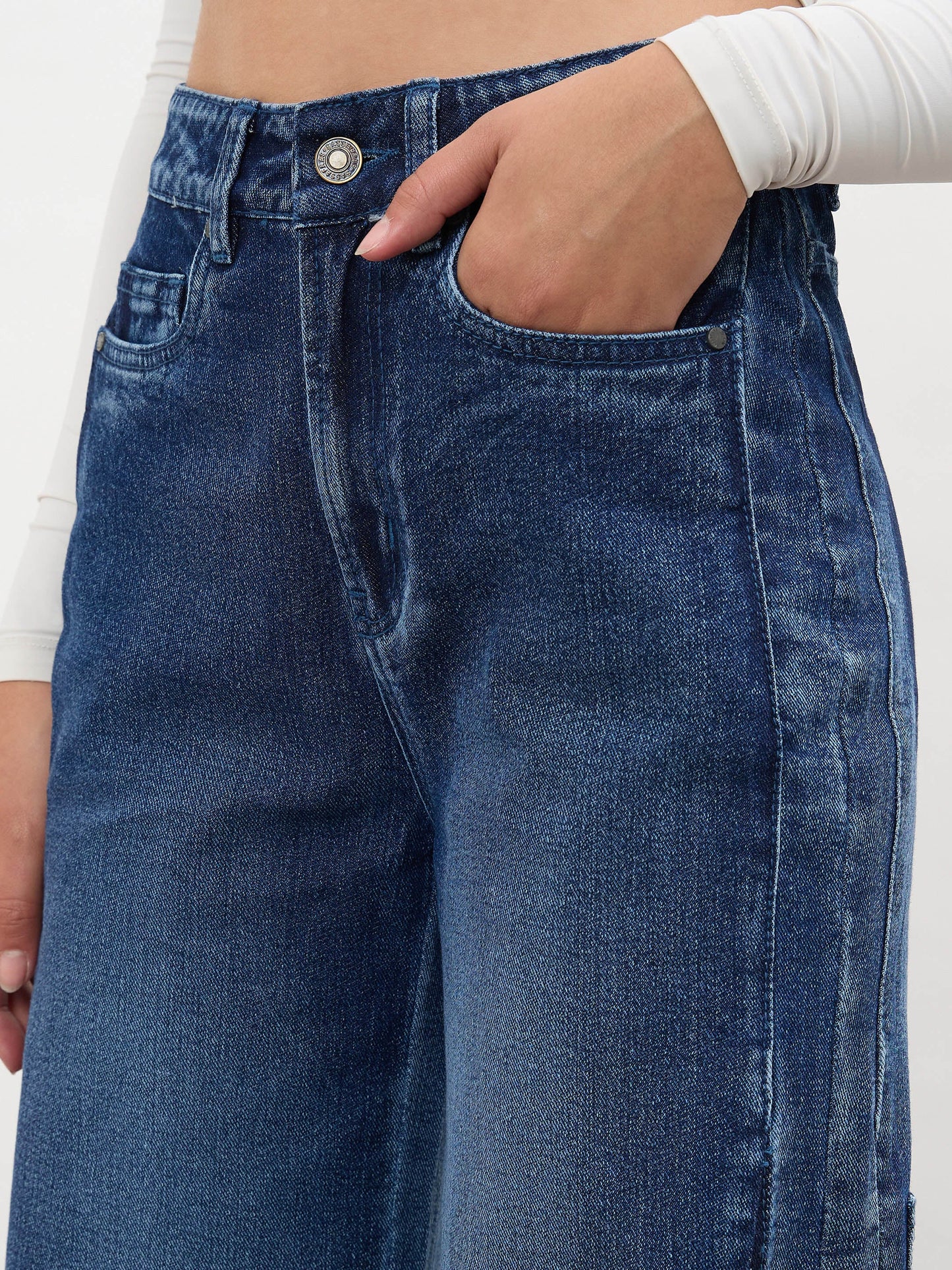 Navy Side Colour Blocking Flared Jeans