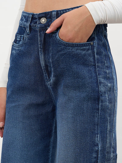 Navy Side Colour Blocking Flared Jeans