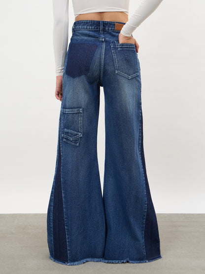 Navy Side Colour Blocking Flared Jeans